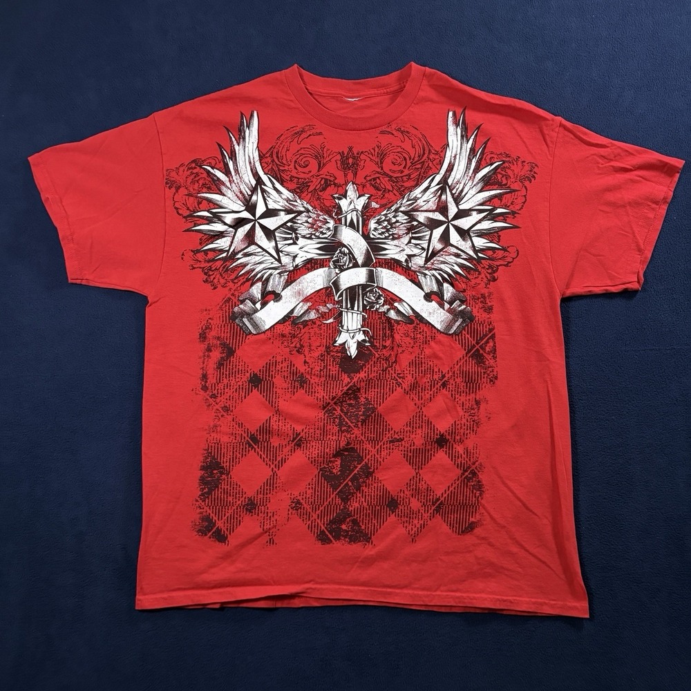 2000s Y2K Graphic Tee Mens Shirt Red Wings Cross Plaid Cyber Grunge MMA Biker XL